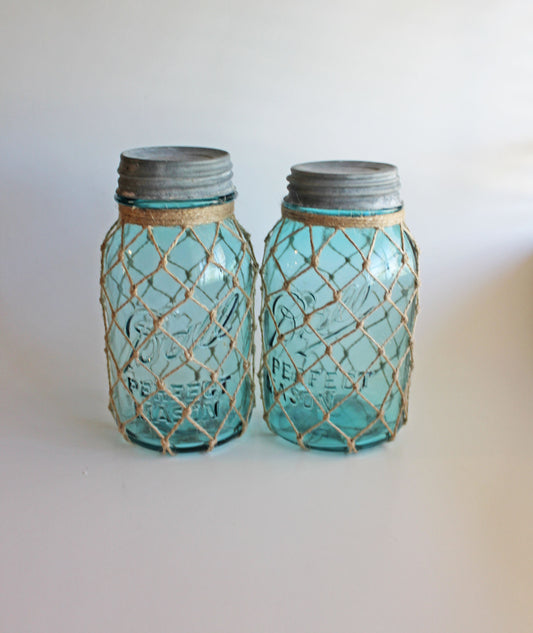 Vintage Blue Fishnet Mason Jar