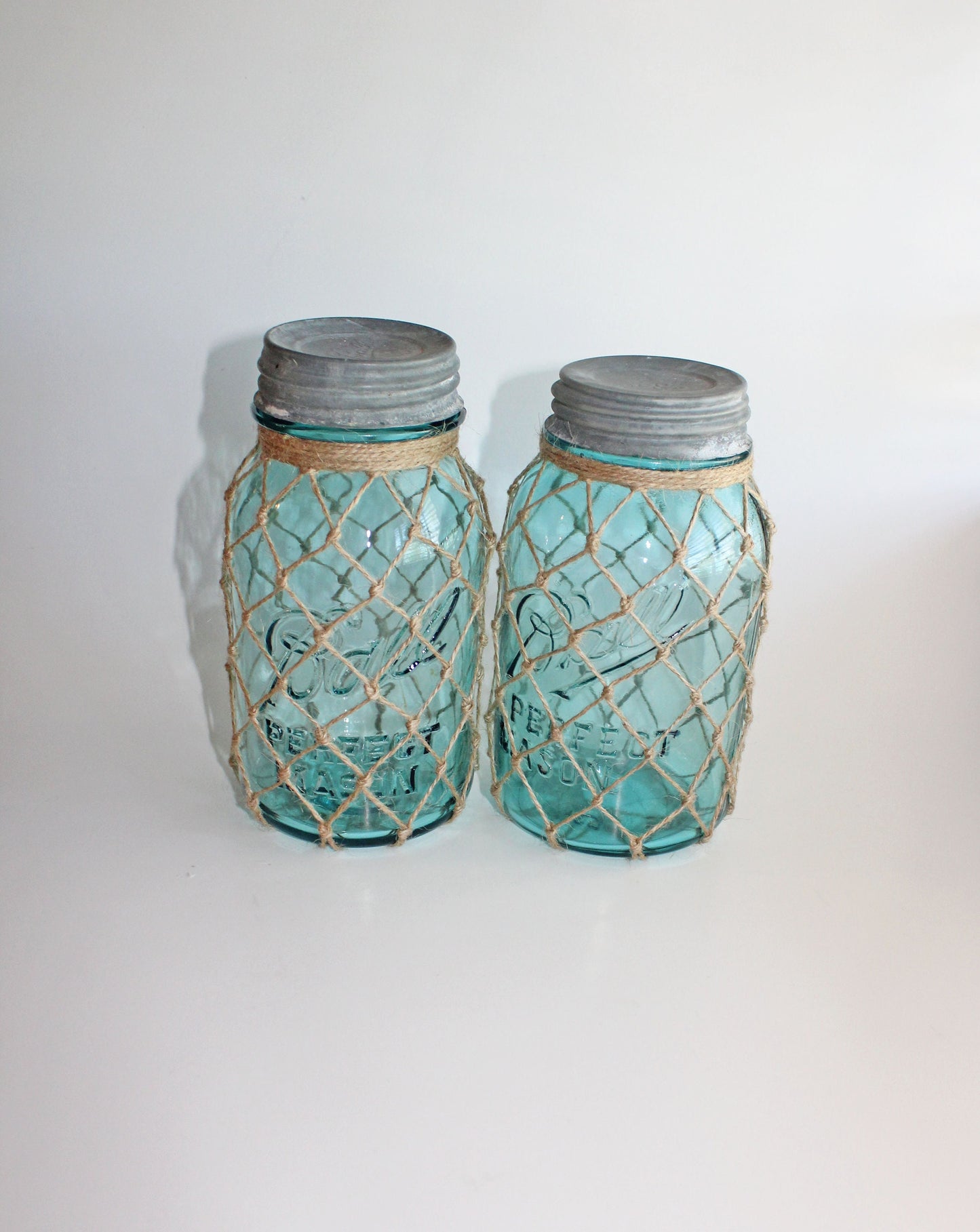 Vintage Blue Fishnet Mason Jar