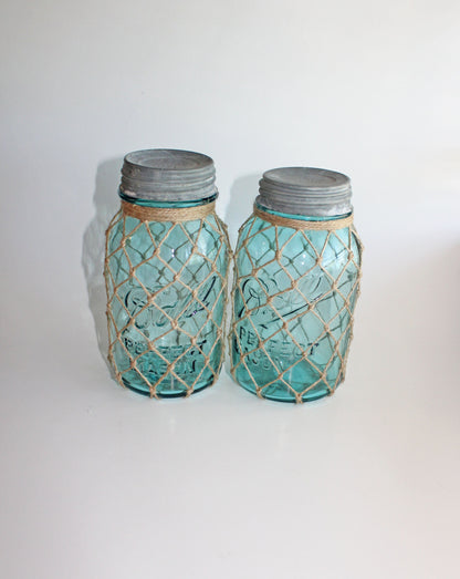 Vintage Blue Fishnet Mason Jar