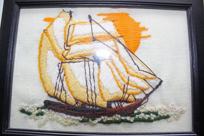 Nautical Ship Embroidery in Ready-to-Display Frame