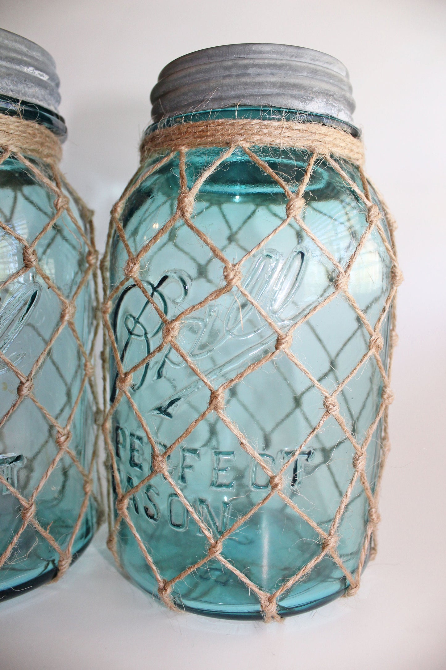 Vintage Blue Fishnet Mason Jar