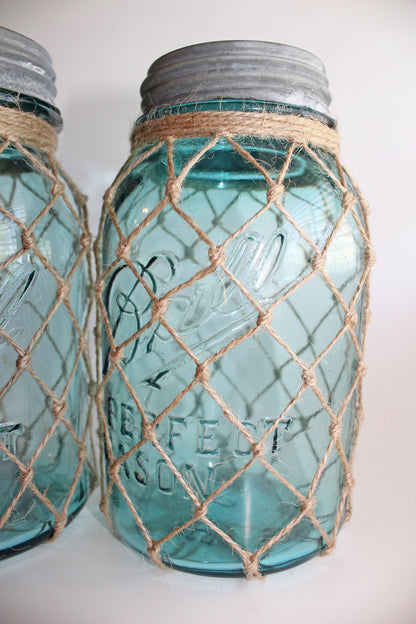 Vintage Blue Fishnet Mason Jar