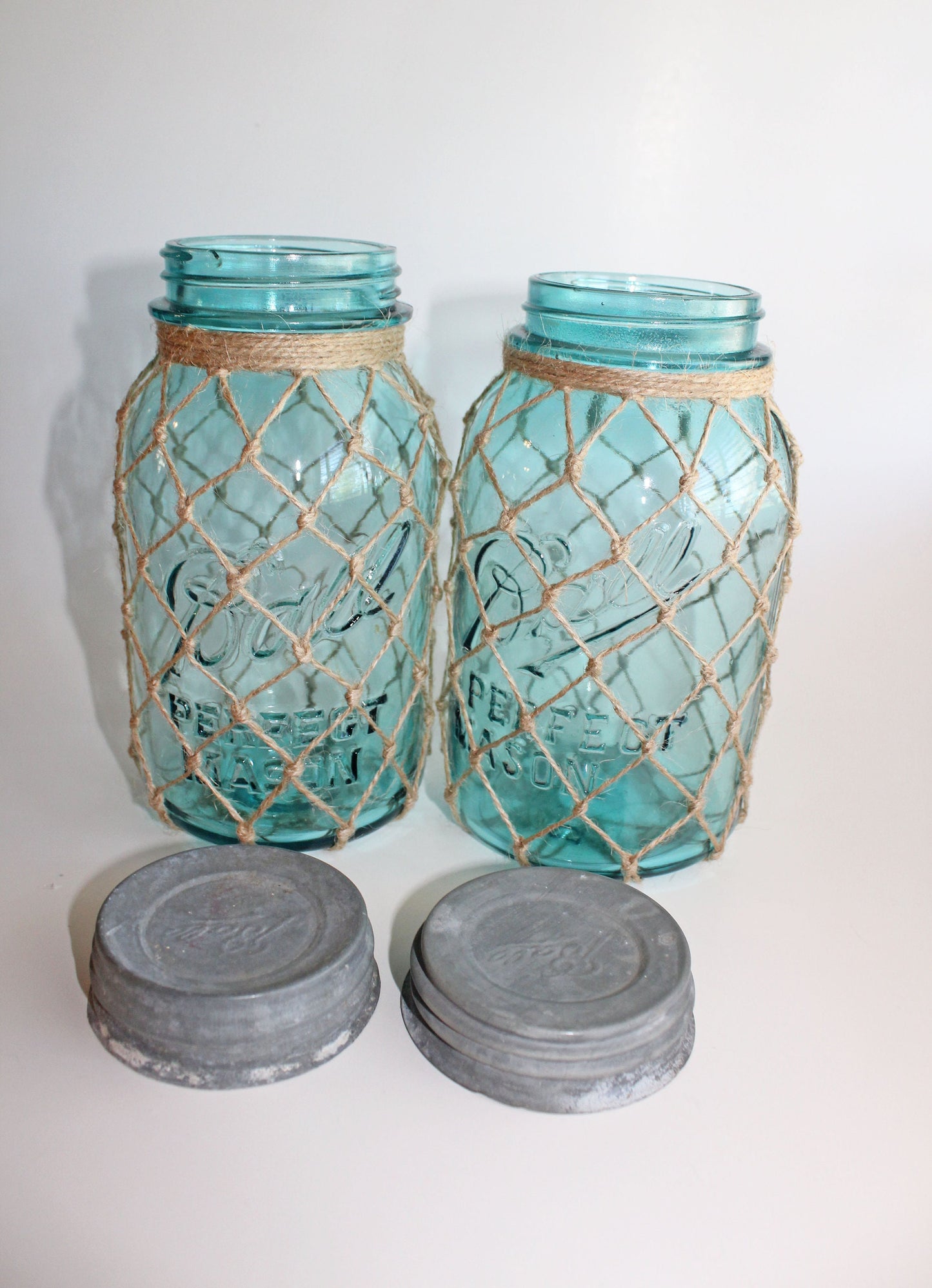 Vintage Blue Fishnet Mason Jar