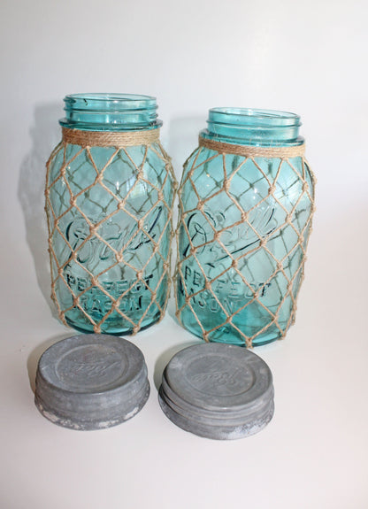 Vintage Blue Fishnet Mason Jar