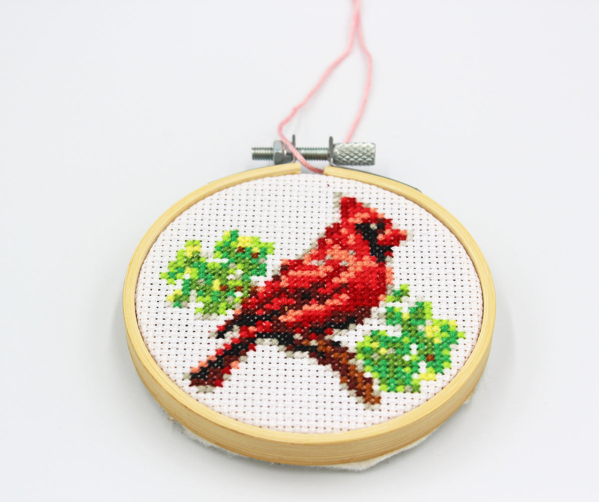 Cross Stitch Cardinal Bird Hanging Ornament – Finished & Framed