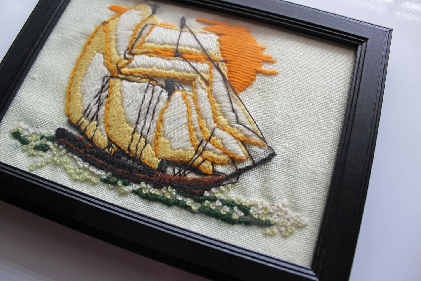 Nautical Ship Embroidery in Ready-to-Display Frame