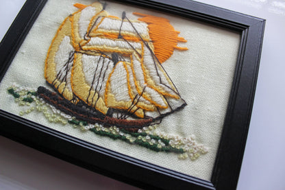 Nautical Ship Embroidery in Ready-to-Display Frame