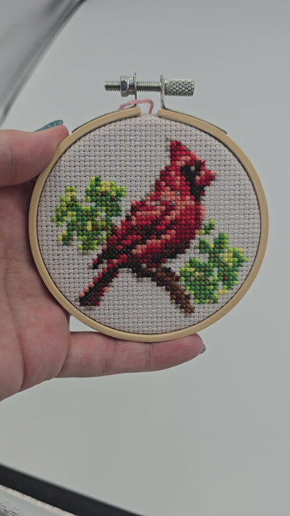 Cross Stitch Cardinal Bird Hanging Ornament – Finished & Framed